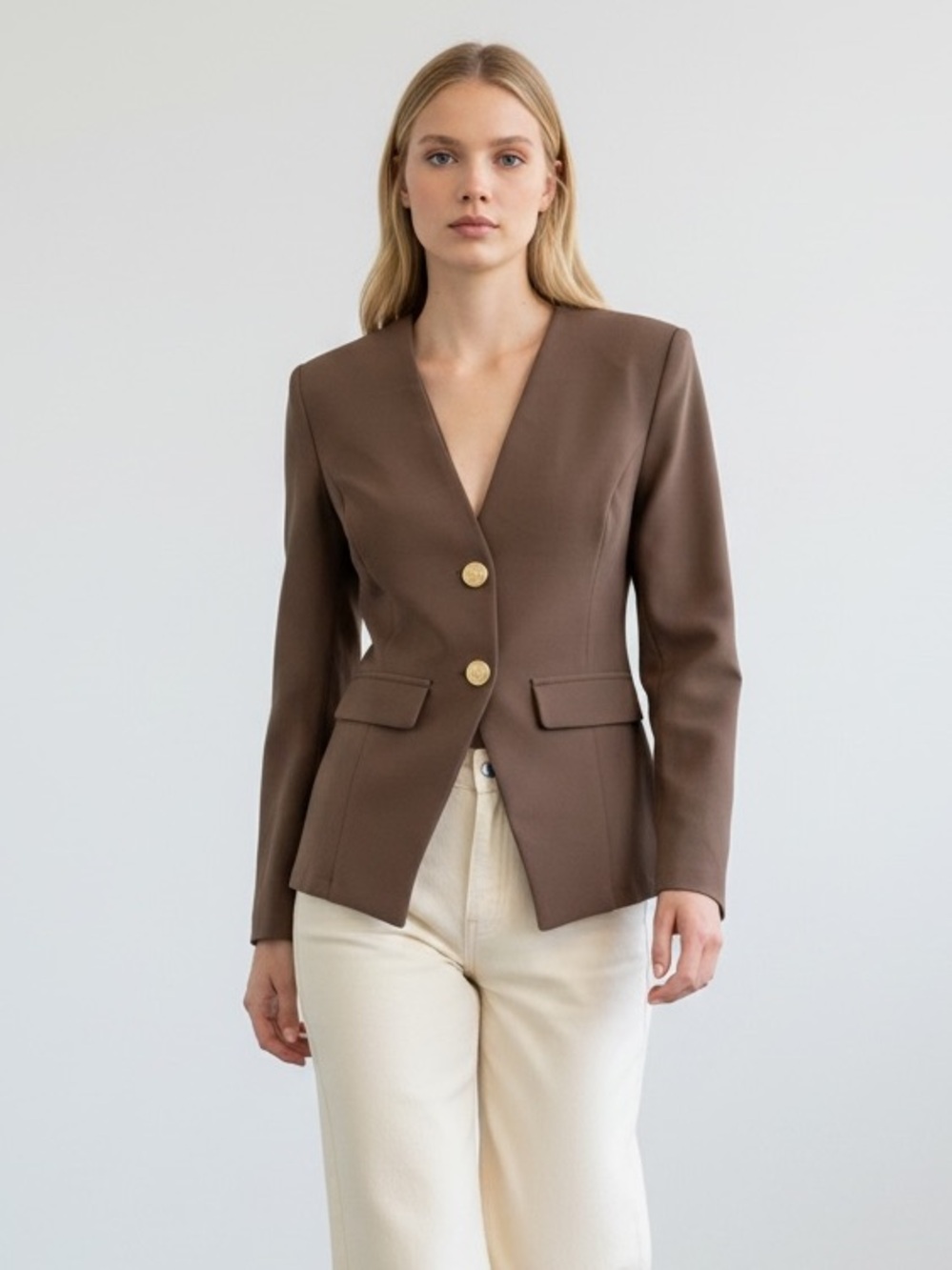 1320 • Cool Brown Scuba V Neck Collarless Gold Lion Button Stretch Blazer Jacket